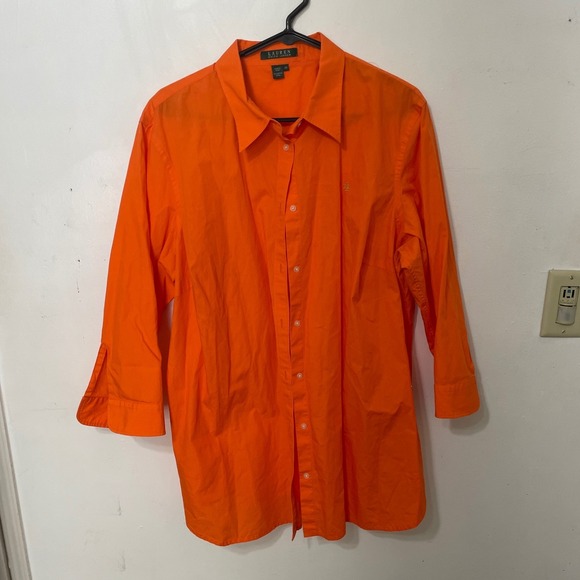 Lauren Ralph Lauren Tops - Lauren Ralph Lauren Orange Cotton Button Shirt Women 2X 3/4 Sleeve Monogram READ